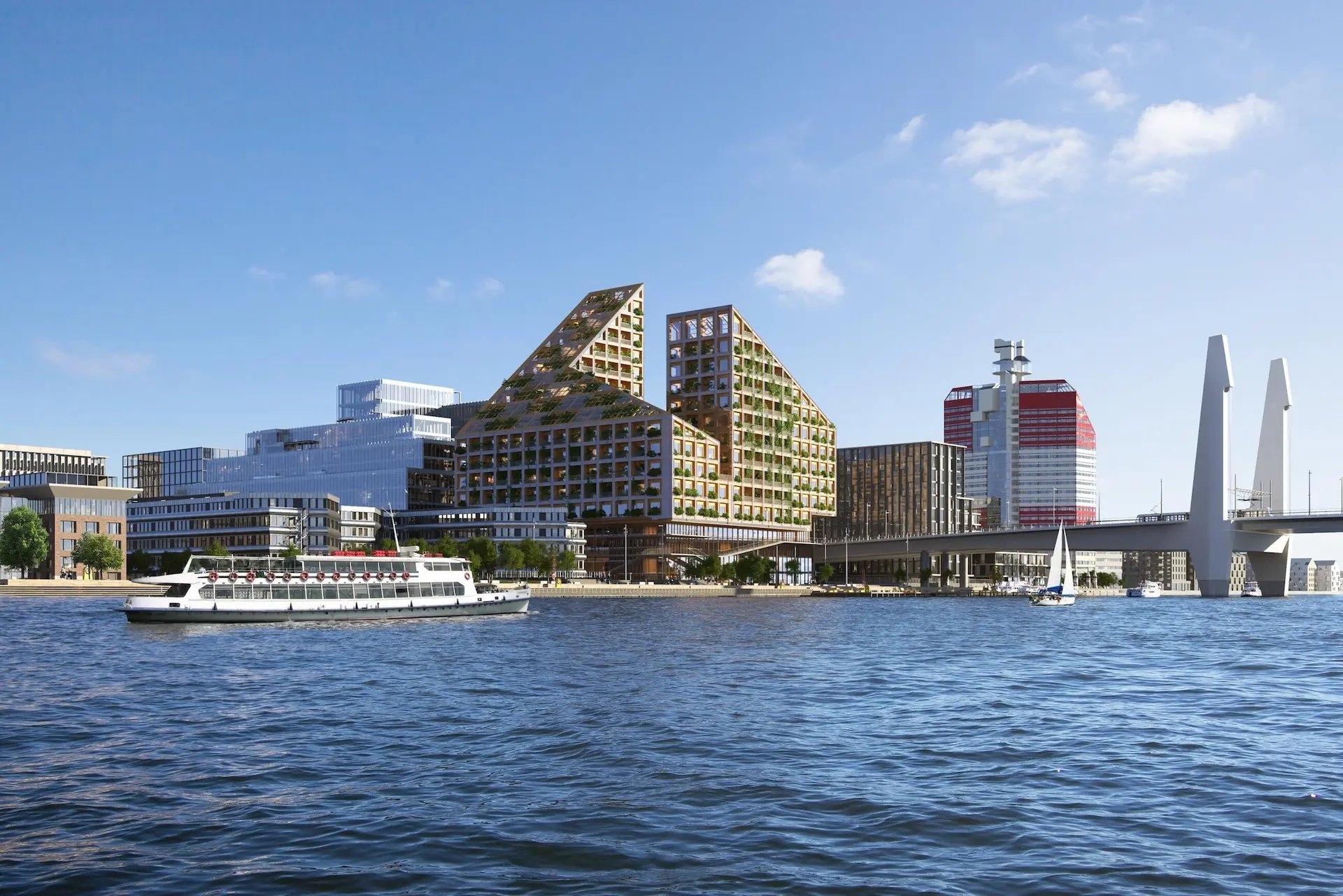 Rendering of modern waterfront buildings, including triangular green-roofed structures, with a cruise ship sailing in the foreground under a blue sky.