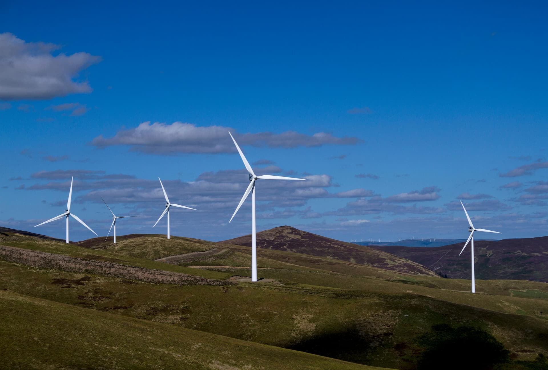 Five wind turbines, in the Scottish Borders, on a hill looking north on a sunny day.