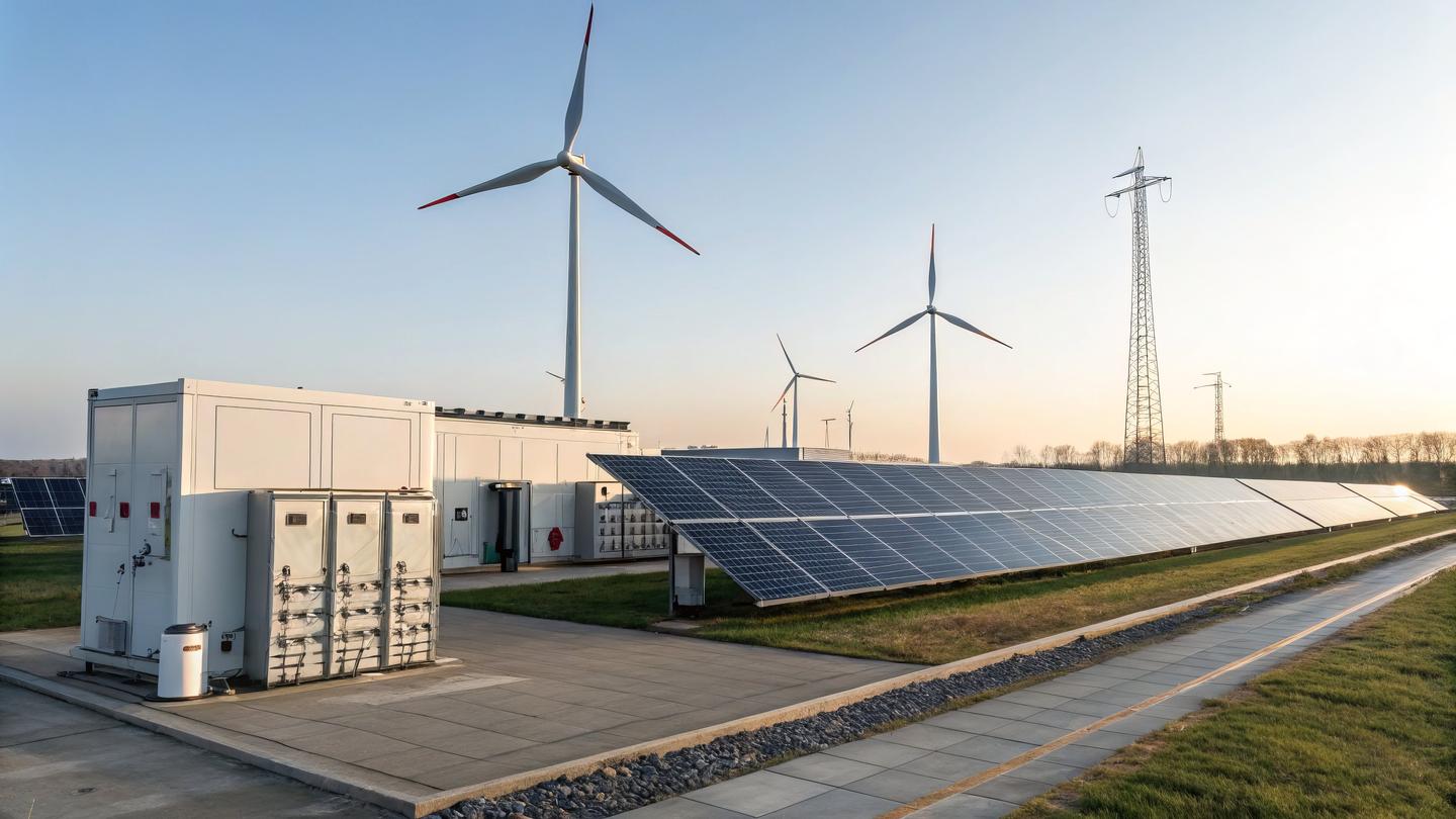 A High-tech wind and solar hybrid system with solar panels and turbines.