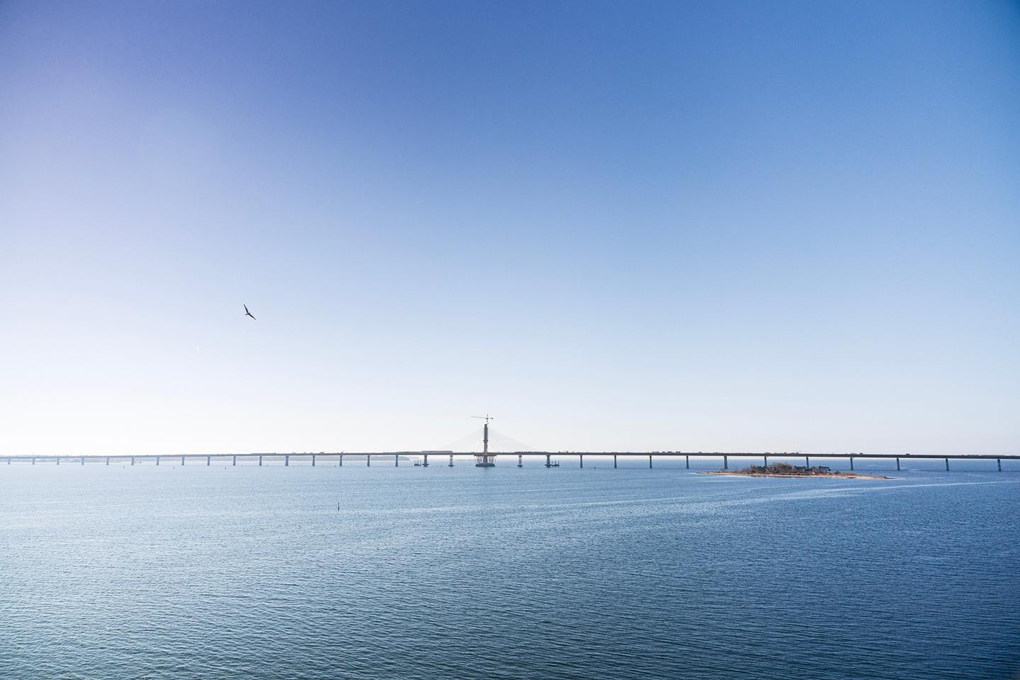 The Dronning Margrethe II Bridge spanning the Storstrøm strait, connecting Zealand and Falster with a new rail and road link. 