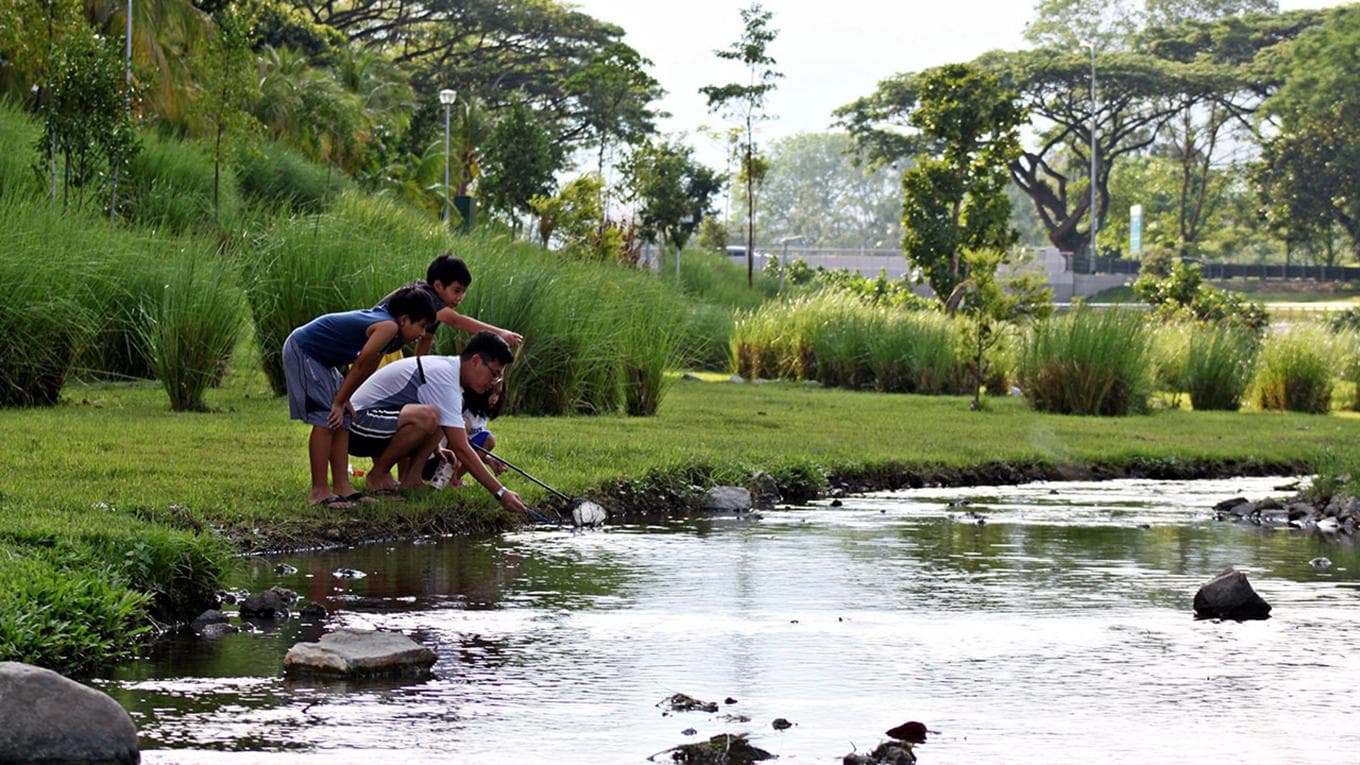 Picture of two boys and a man at the Bishan Park lake