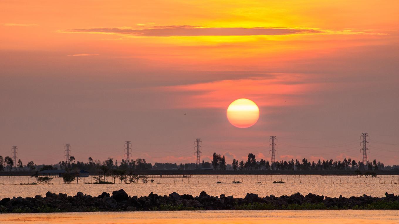 "Early morning misty flooded field, big sun with clouds, power lines in the distance, flooded trees, An Giang province, Vietnam"