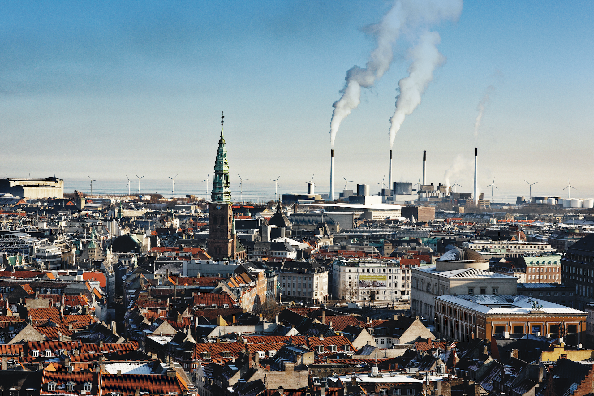 Arial view of Copenhagen with red roofs and iconic historic buildings