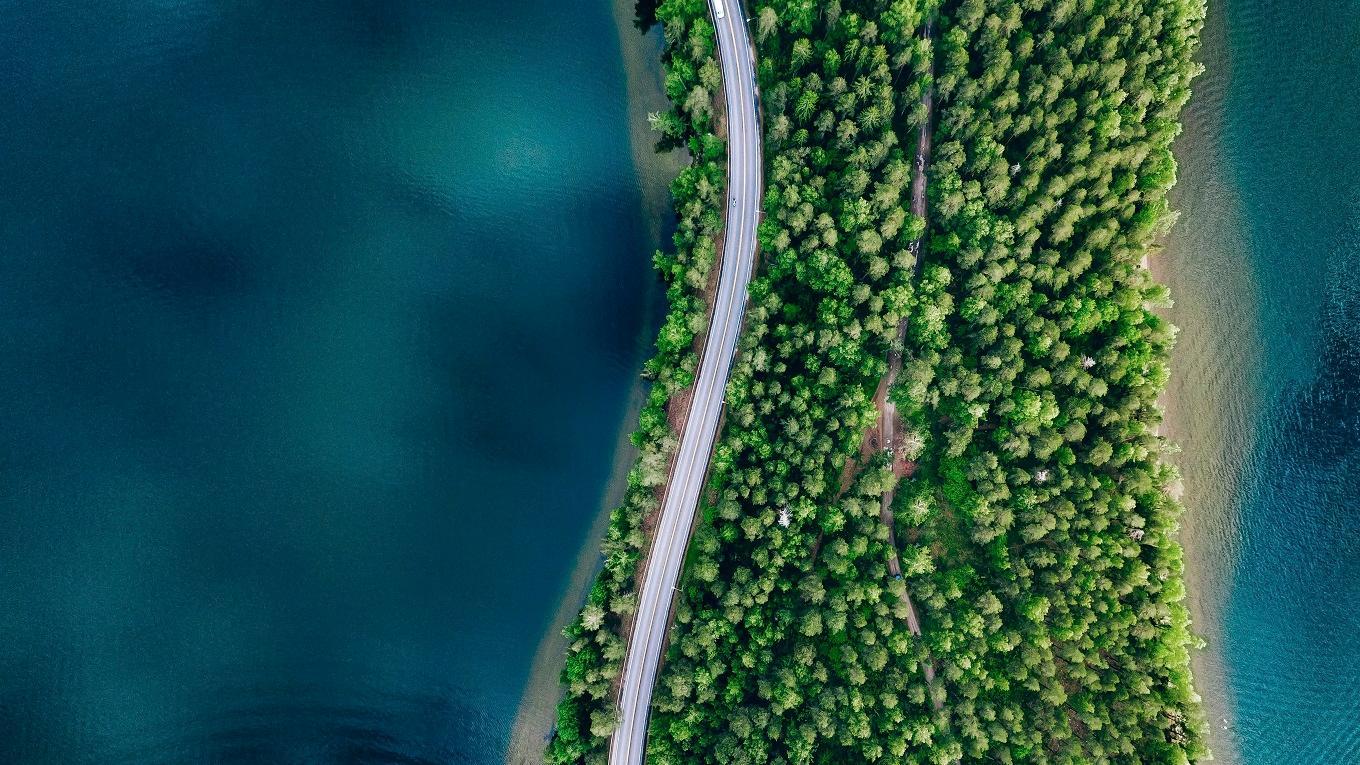 Aerial view of road between green forest and blue lake