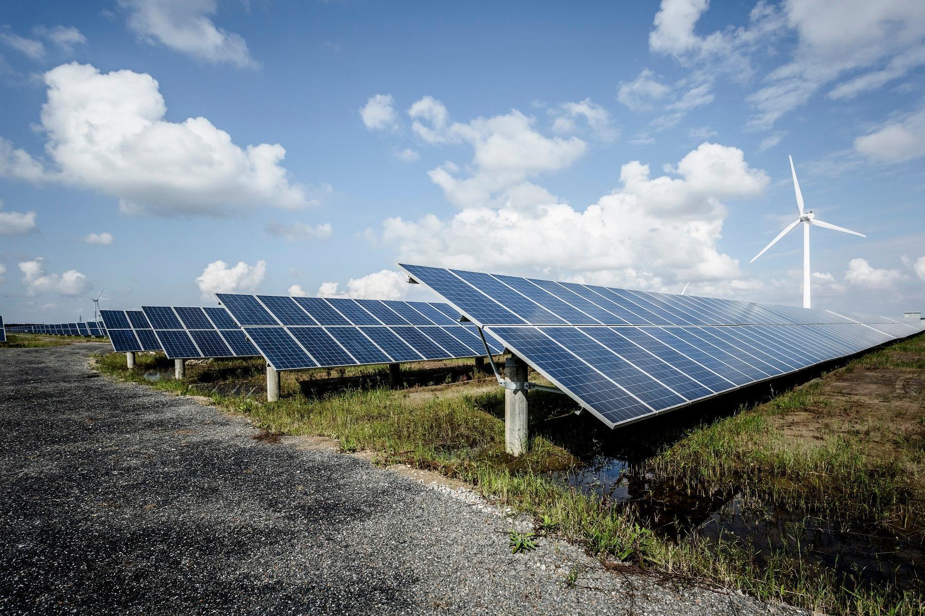 Solar energy panels on a field with a wind turbine in the background