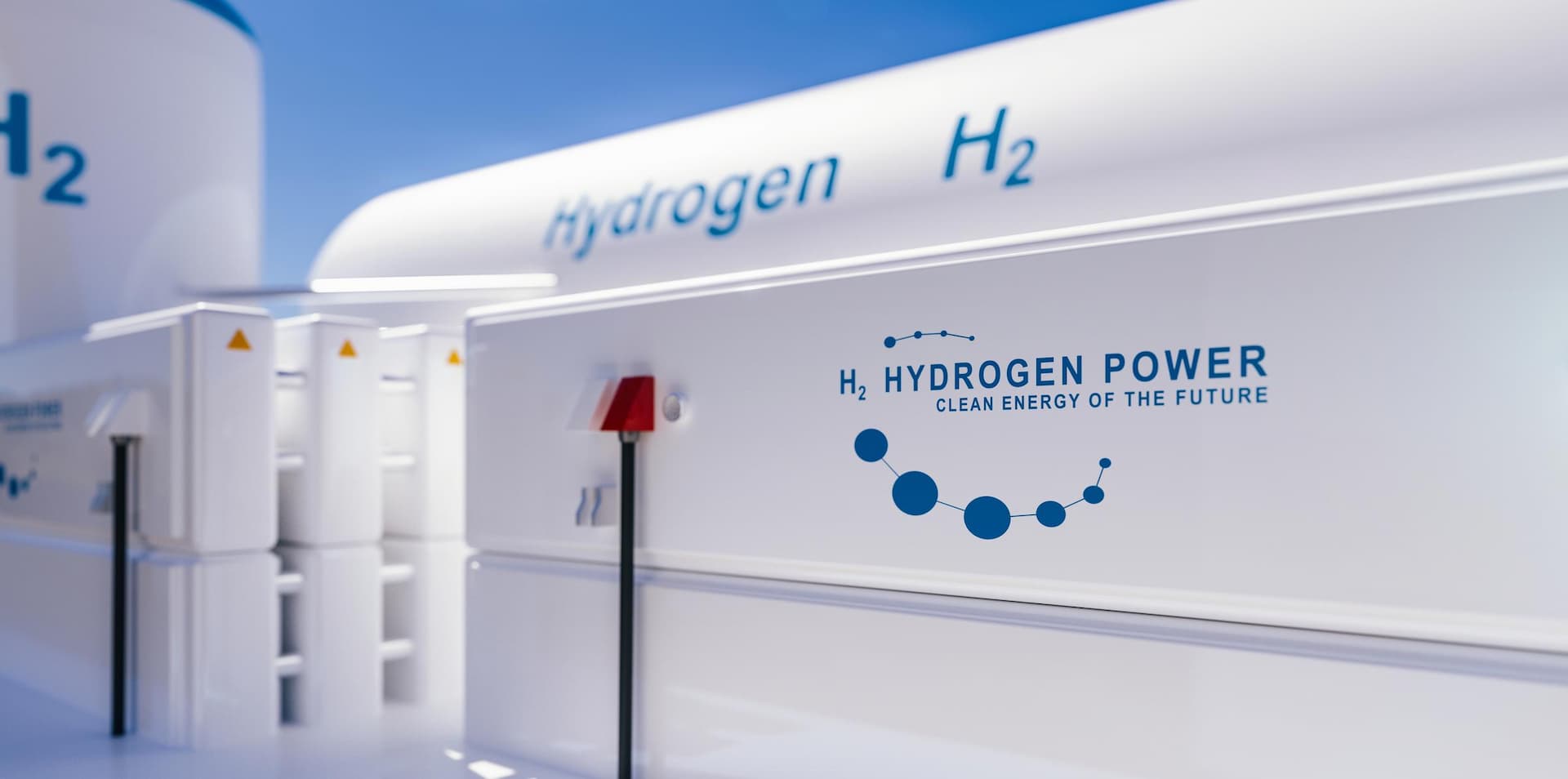 Hydrogen renewable energy production - hydrogen gas for clean electricity solar and windturbine facility, 3d rendering